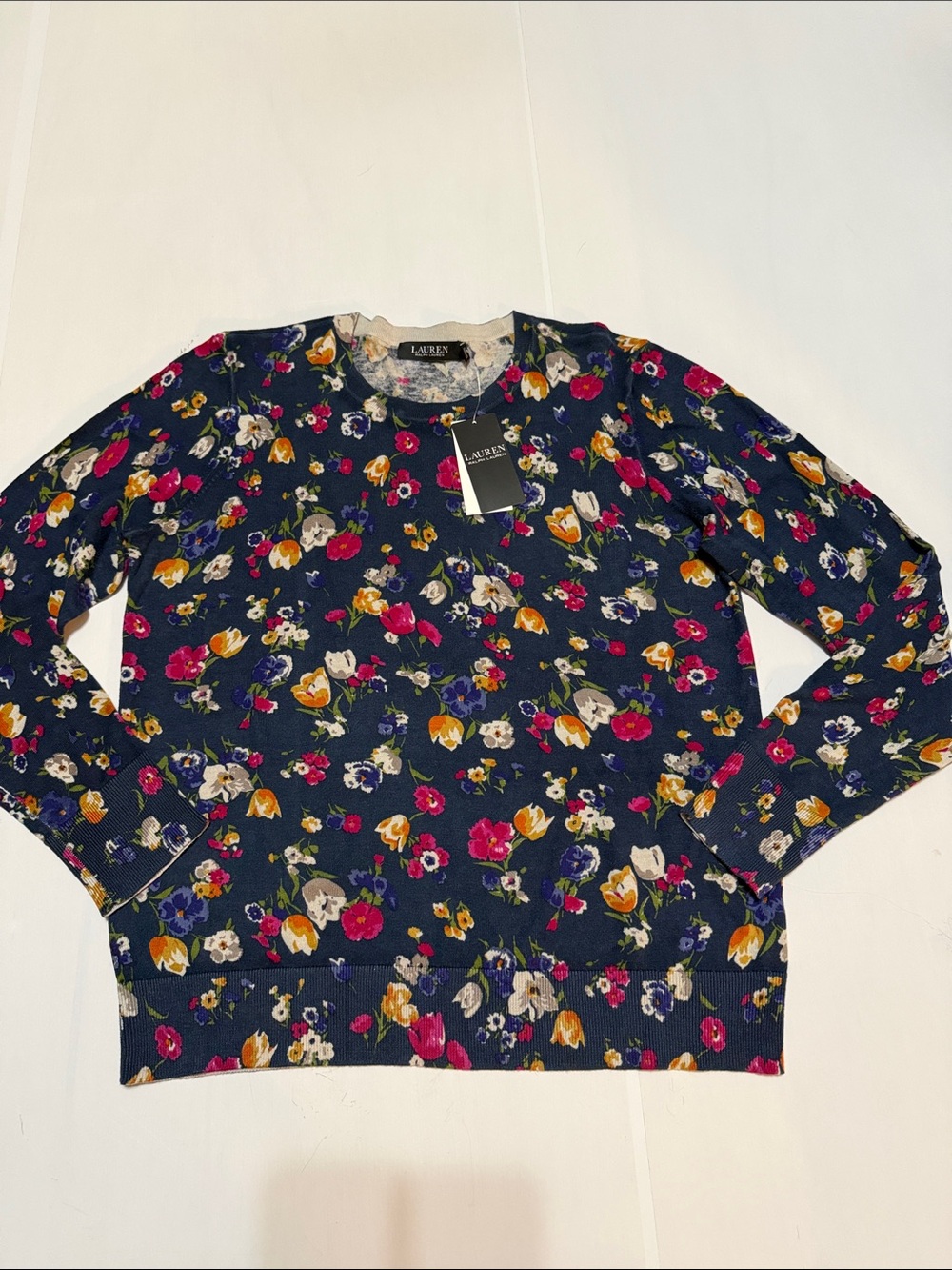 Lauren Ralph Lauren French Navy Floral Sweater L NWT